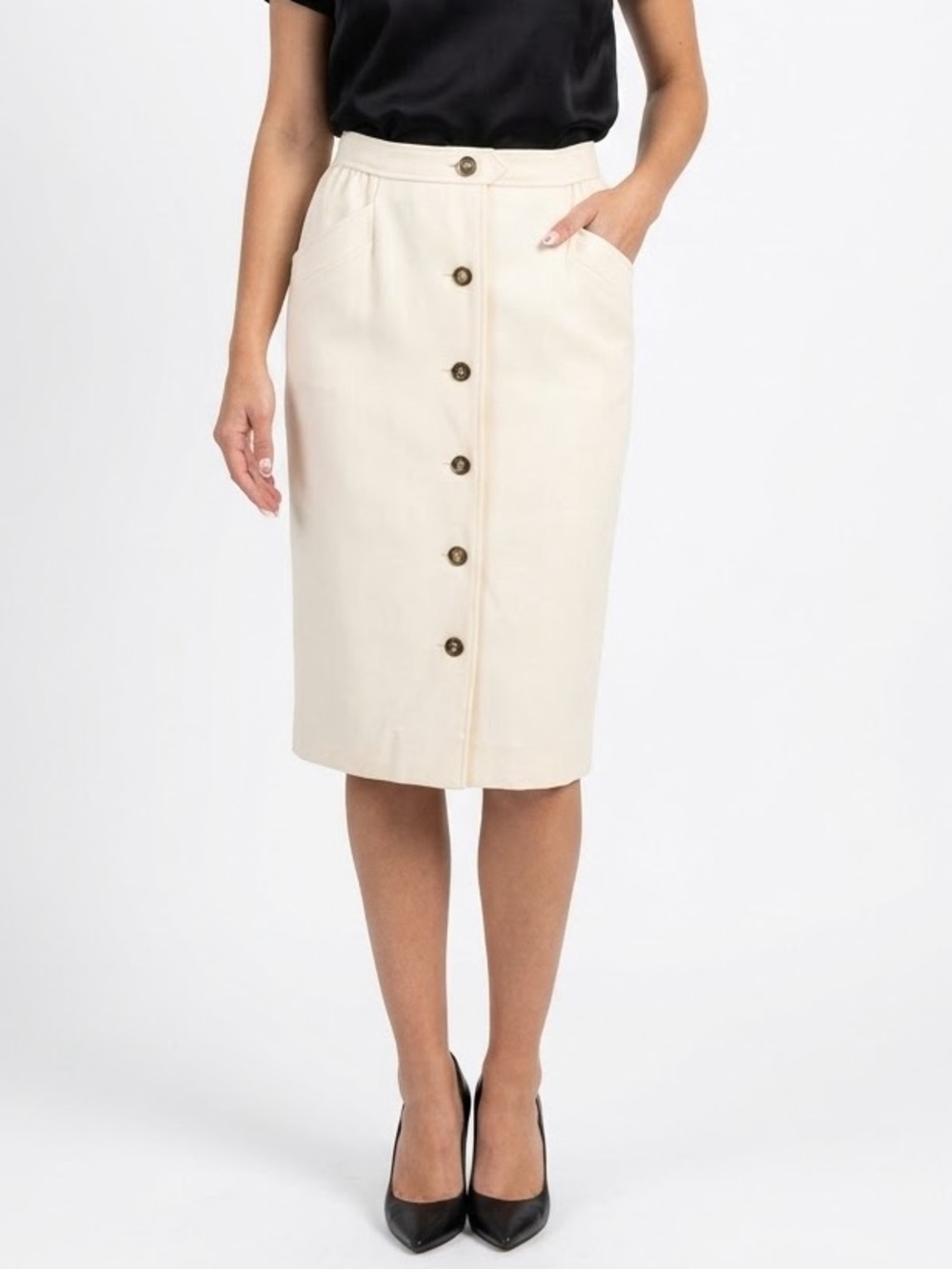 Vintage Saint Laurent Rive Gauche Cream Button Front Midi Pencil Skirt FR 34